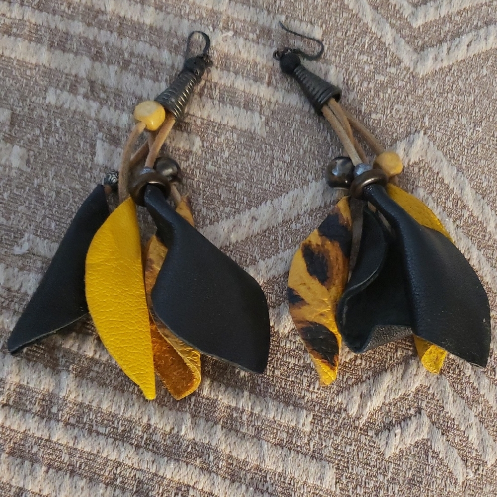 Yellow and Black Leather Leaf Earrings. Handcrafted